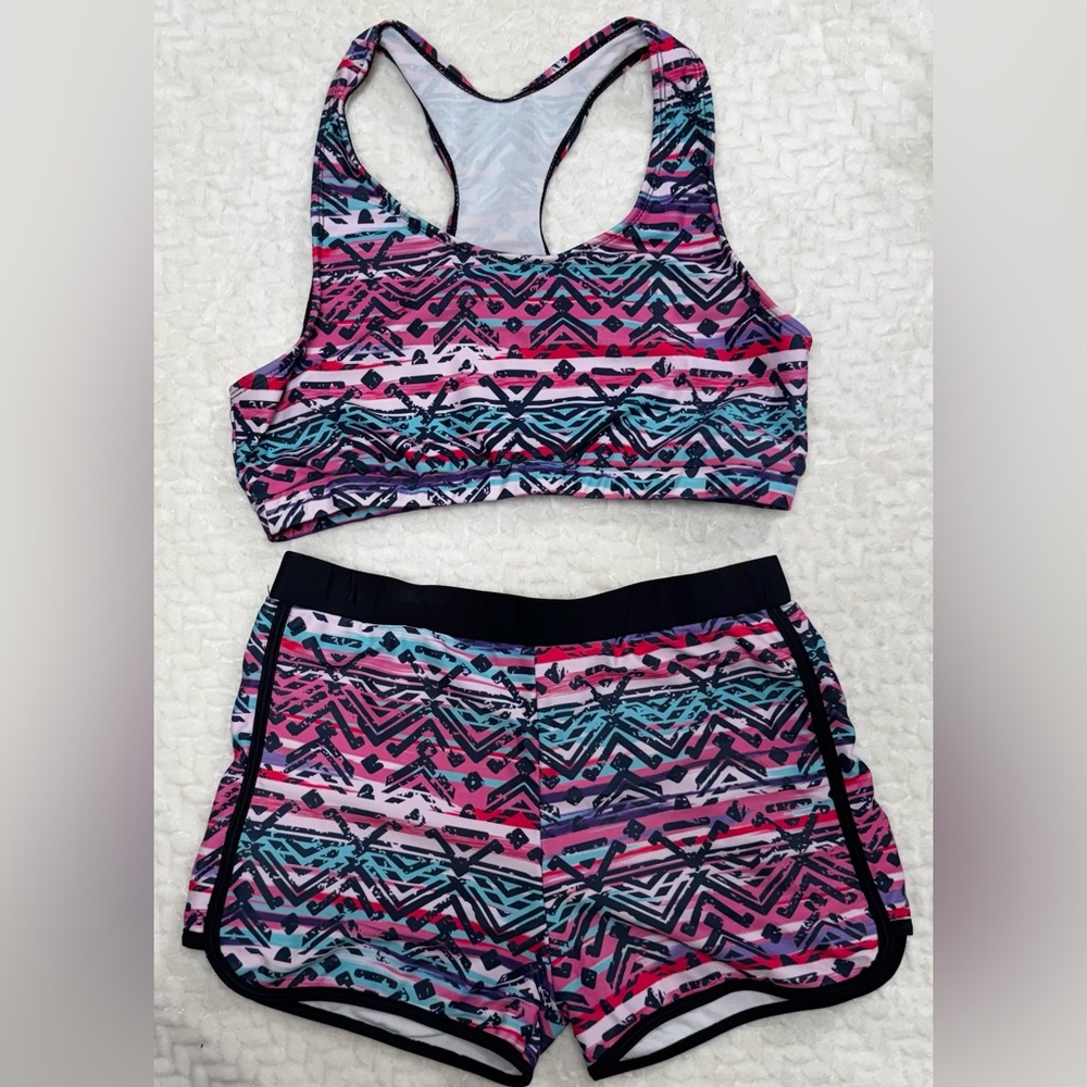 Women’s Racerback Swim Top & Boardshort Set - Pink Teal Aztec